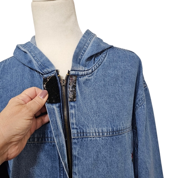 Bill Blass Vintage Hooded Jean Jacket With Novelty Patches Loosefit Womens Large - Picture 8 of 16